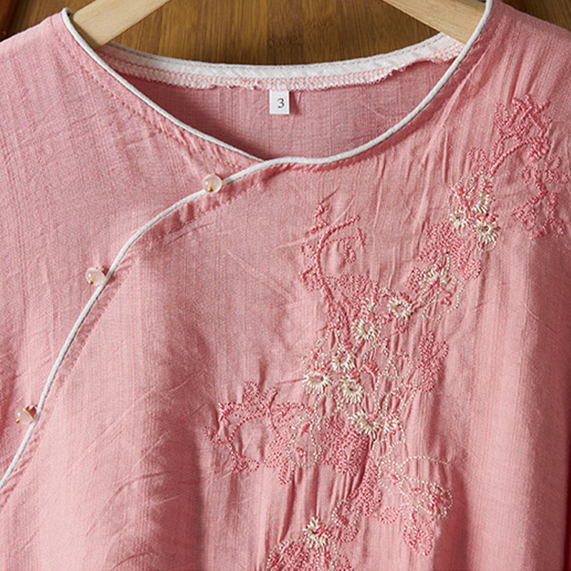Casual Women's Flowers Embroidery Pattern Frog-button Slanted Collar Design Three Quarter Sleeve Cotton Linen Shirt