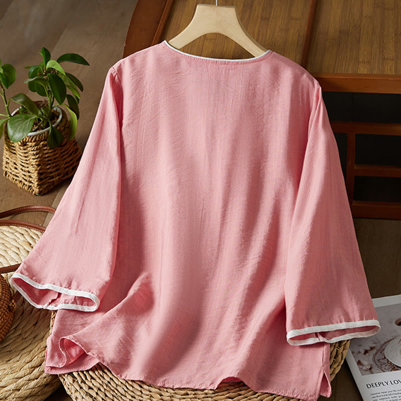 Casual Women's Flowers Embroidery Pattern Frog-button Slanted Collar Design Three Quarter Sleeve Cotton Linen Shirt