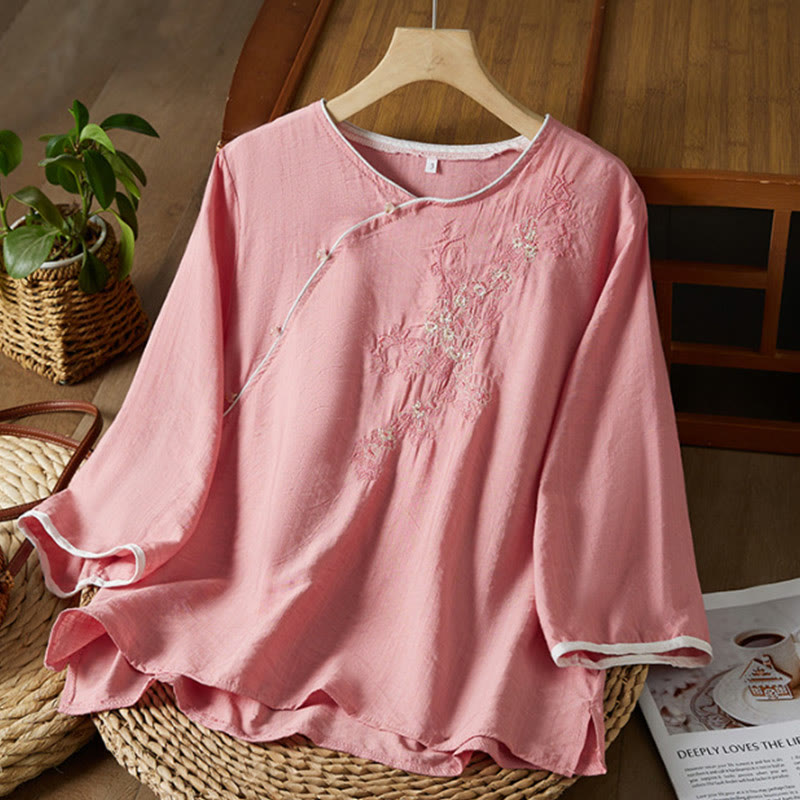 Casual Women's Flowers Embroidery Pattern Frog-button Slanted Collar Design Three Quarter Sleeve Cotton Linen Shirt