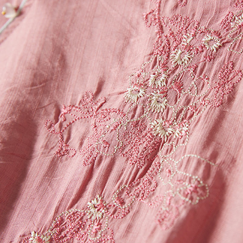 Casual Women's Flowers Embroidery Pattern Frog-button Slanted Collar Design Three Quarter Sleeve Cotton Linen Shirt