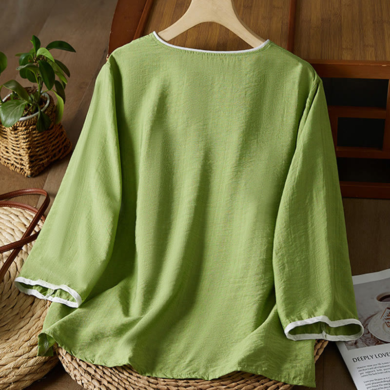 Casual Women's Flowers Embroidery Pattern Frog-button Slanted Collar Design Three Quarter Sleeve Cotton Linen Shirt