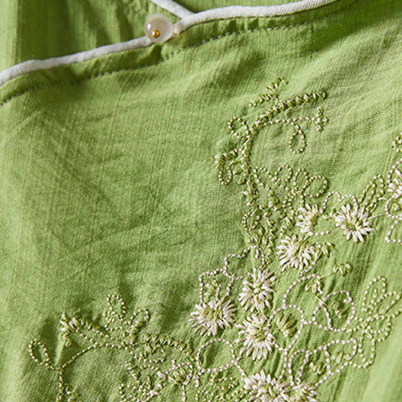 Casual Women's Flowers Embroidery Pattern Frog-button Slanted Collar Design Three Quarter Sleeve Cotton Linen Shirt