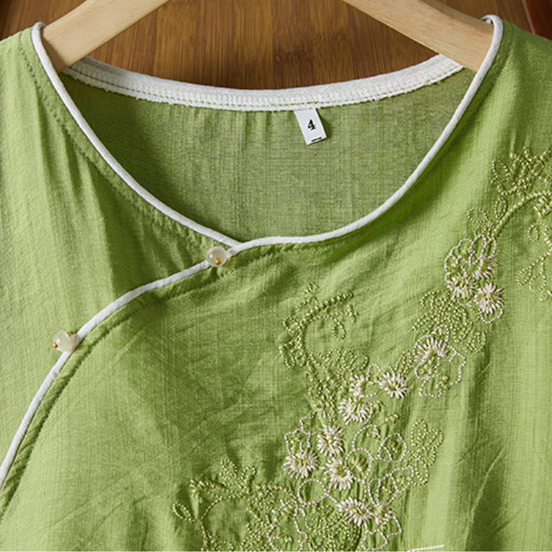 Casual Women's Flowers Embroidery Pattern Frog-button Slanted Collar Design Three Quarter Sleeve Cotton Linen Shirt