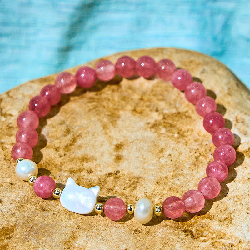 Strawberry Quartz and Pearl Animal Motif Bracelet with Seashell Accents