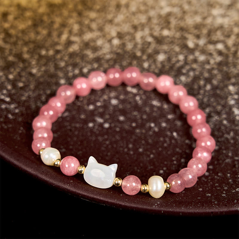 Strawberry Quartz and Pearl Animal Motif Bracelet with Seashell Accents