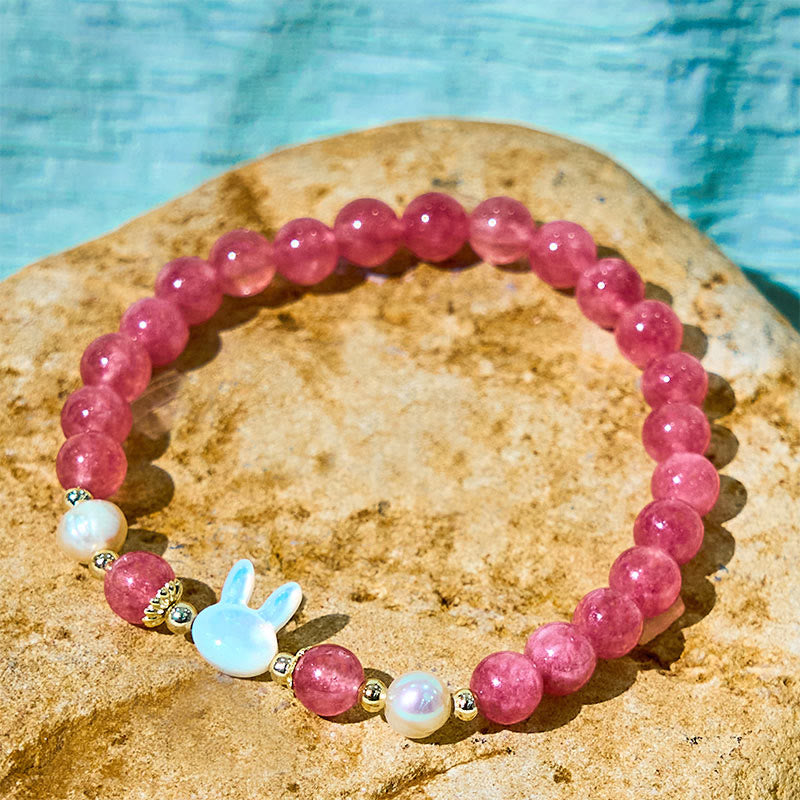 Strawberry Quartz and Pearl Animal Motif Bracelet with Seashell Accents