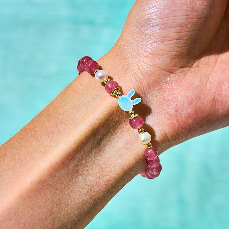 Strawberry Quartz and Pearl Animal Motif Bracelet with Seashell Accents