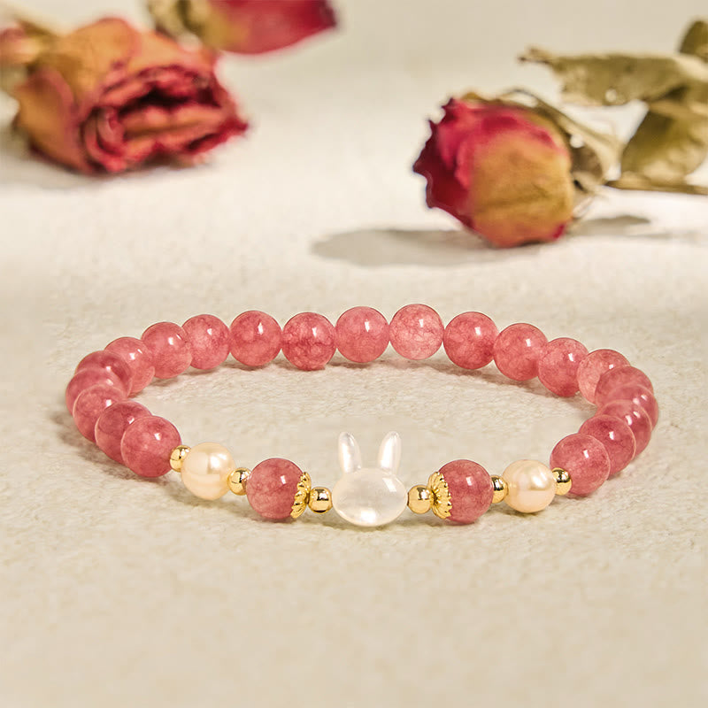 Strawberry Quartz and Pearl Animal Motif Bracelet with Seashell Accents