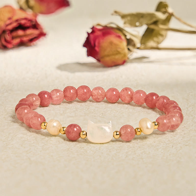 Strawberry Quartz and Pearl Animal Motif Bracelet with Seashell Accents
