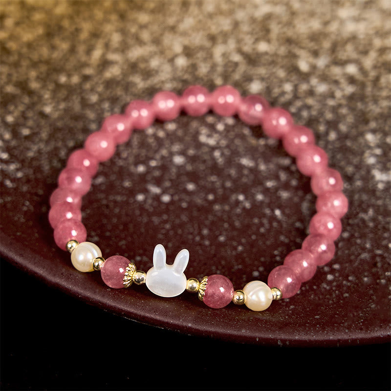 Strawberry Quartz and Pearl Animal Motif Bracelet with Seashell Accents