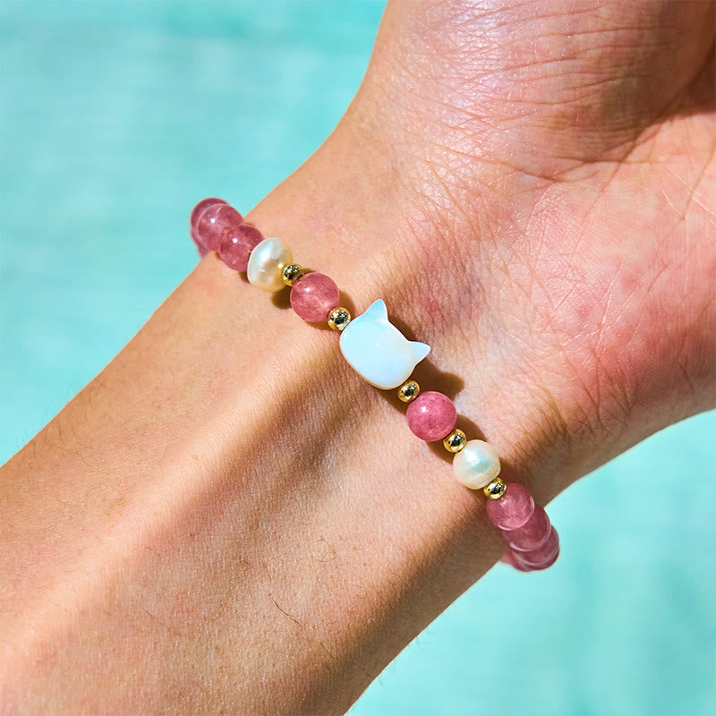 Strawberry Quartz and Pearl Animal Motif Bracelet with Seashell Accents