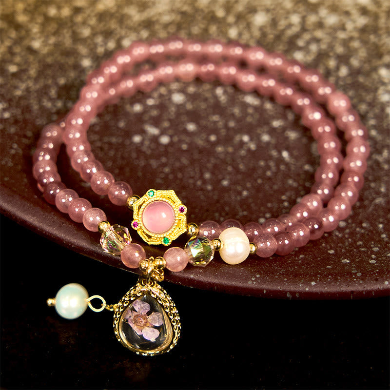 Natural Strawberry Quartz Pearl Butterfly Water Drop Positive Double Wrap Bracelet