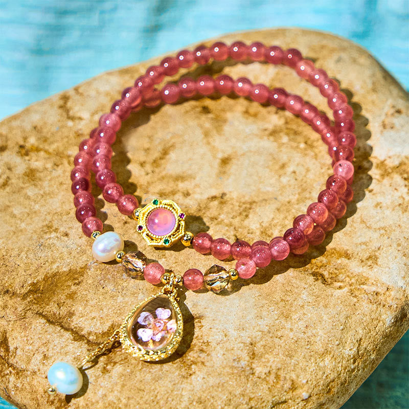 Natural Strawberry Quartz Pearl Butterfly Water Drop Positive Double Wrap Bracelet