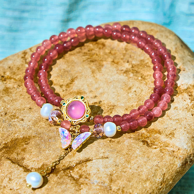 Natural Strawberry Quartz Pearl Butterfly Water Drop Positive Double Wrap Bracelet