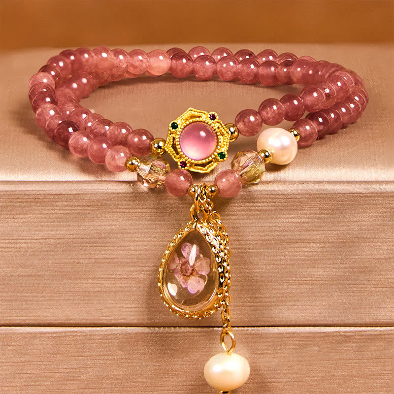 Natural Strawberry Quartz Pearl Butterfly Water Drop Positive Double Wrap Bracelet