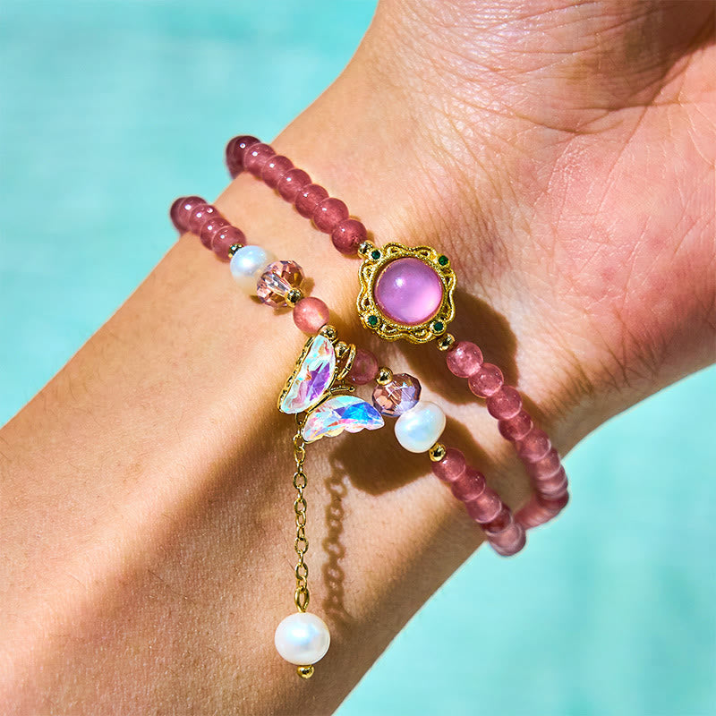 Natural Strawberry Quartz Pearl Butterfly Water Drop Positive Double Wrap Bracelet