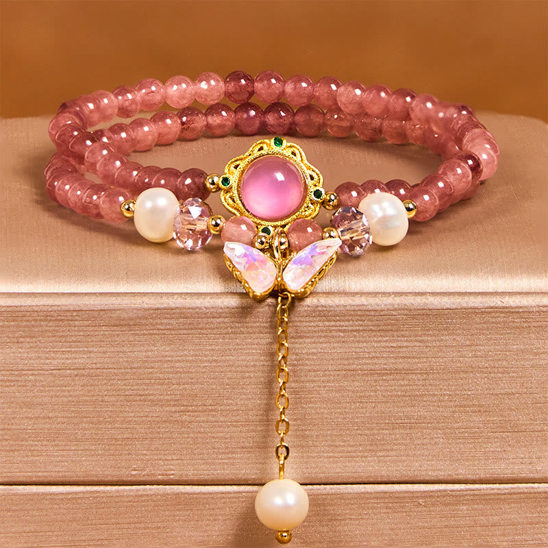 Natural Strawberry Quartz Pearl Butterfly Water Drop Positive Double Wrap Bracelet
