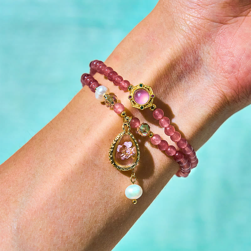 Natural Strawberry Quartz Pearl Butterfly Water Drop Positive Double Wrap Bracelet