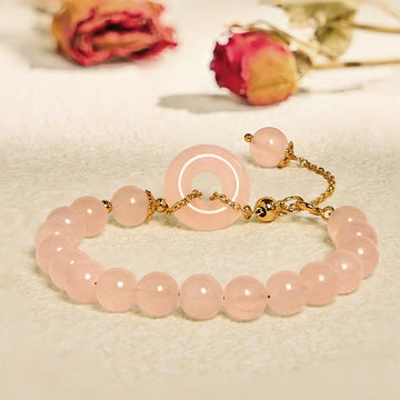 Adjustable Rose Quartz Beads with Ping An Kou Peace Buckle Bracelet
