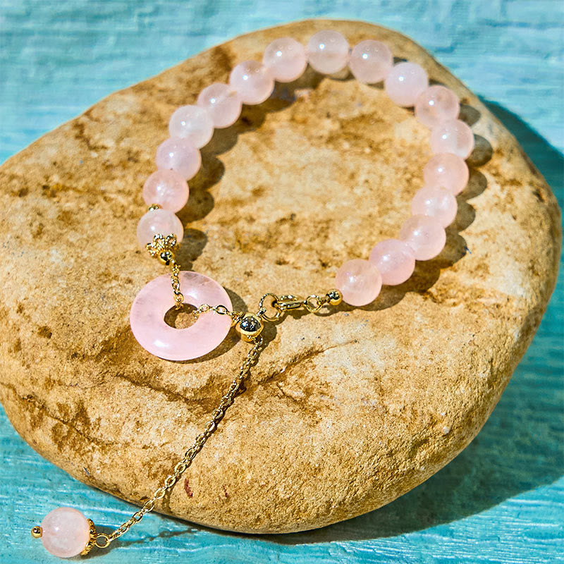 Adjustable Rose Quartz Beads with Ping An Kou Peace Buckle Bracelet
