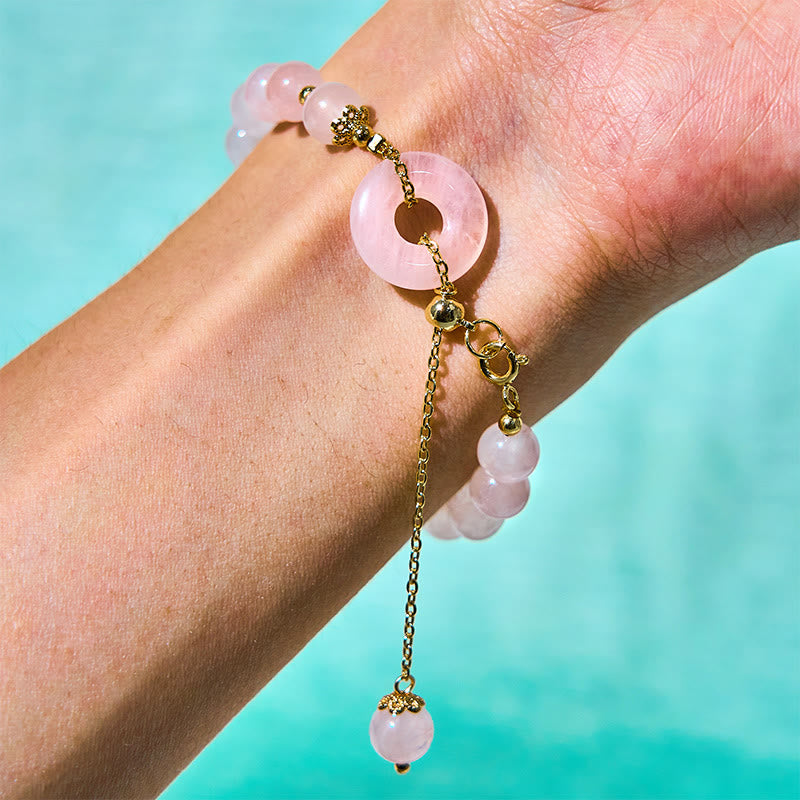 Adjustable Rose Quartz Beads with Ping An Kou Peace Buckle Bracelet