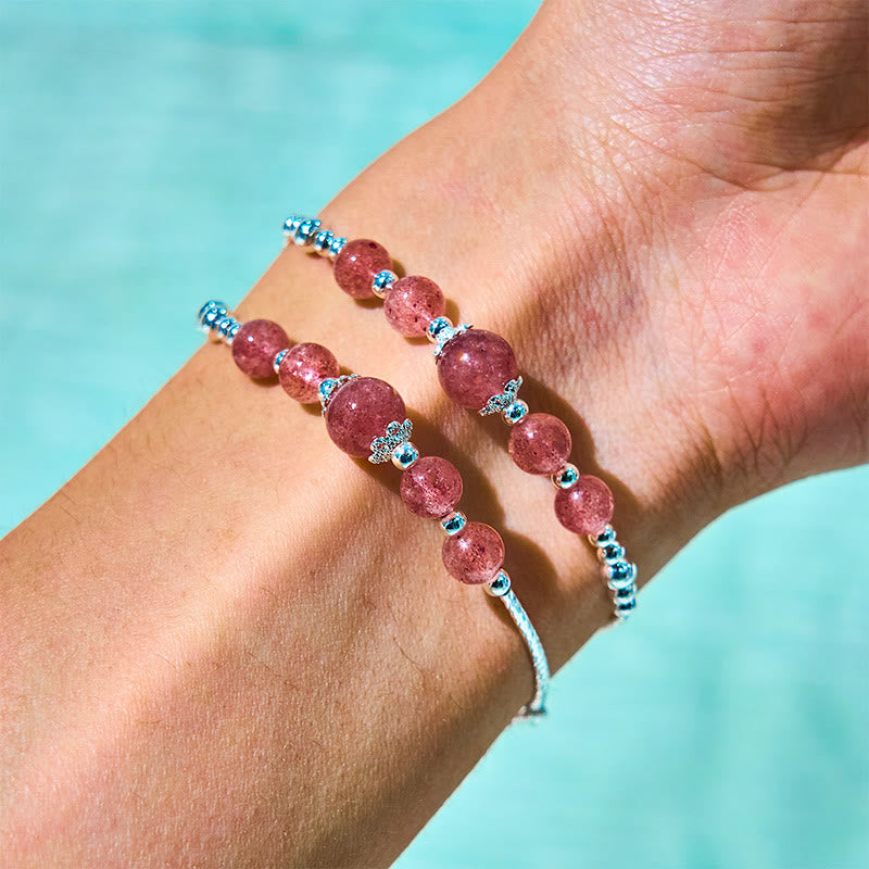 Natural Strawberry Quartz Double Wrap Bracelet with Bow-knot Rosette Charm