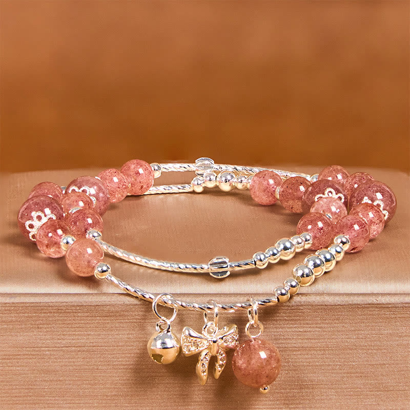 Natural Strawberry Quartz Double Wrap Bracelet with Bow-knot Rosette Charm