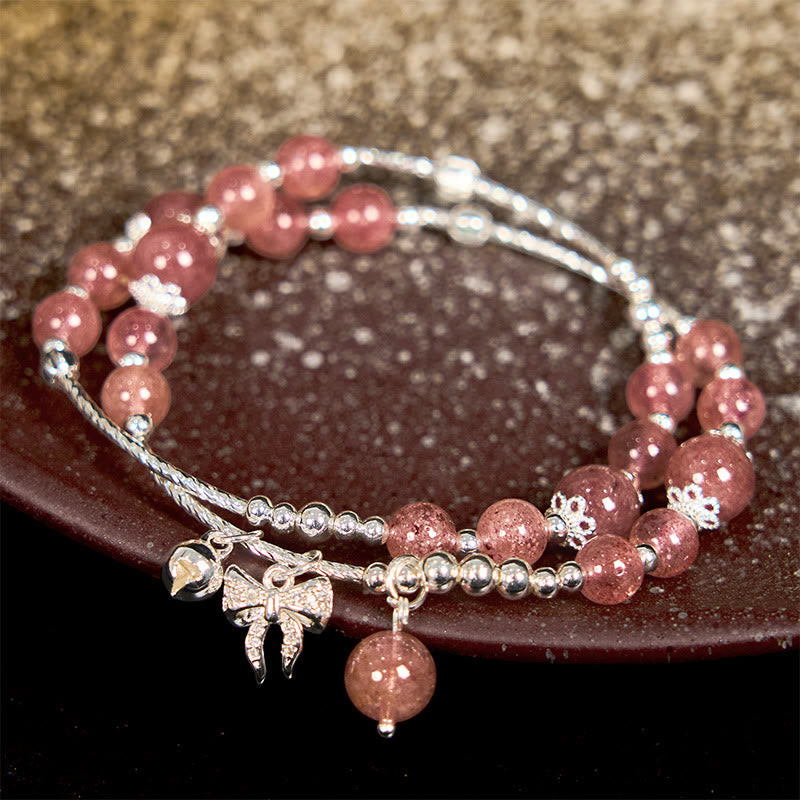 Natural Strawberry Quartz Double Wrap Bracelet with Bow-knot Rosette Charm
