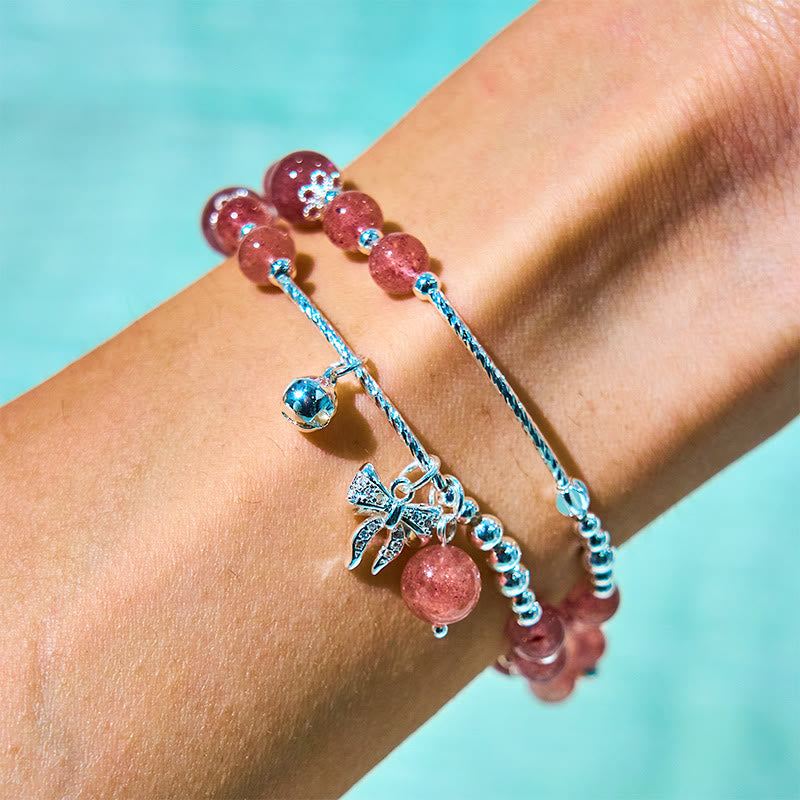 Natural Strawberry Quartz Double Wrap Bracelet with Bow-knot Rosette Charm