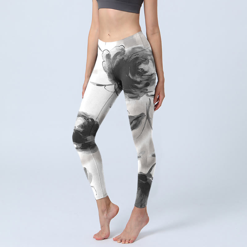 Watercolor Rose Pattern Print Gym Leggings Women's Yoga Pants