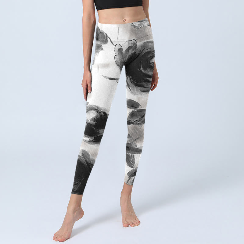 Watercolor Rose Pattern Print Gym Leggings Women's Yoga Pants