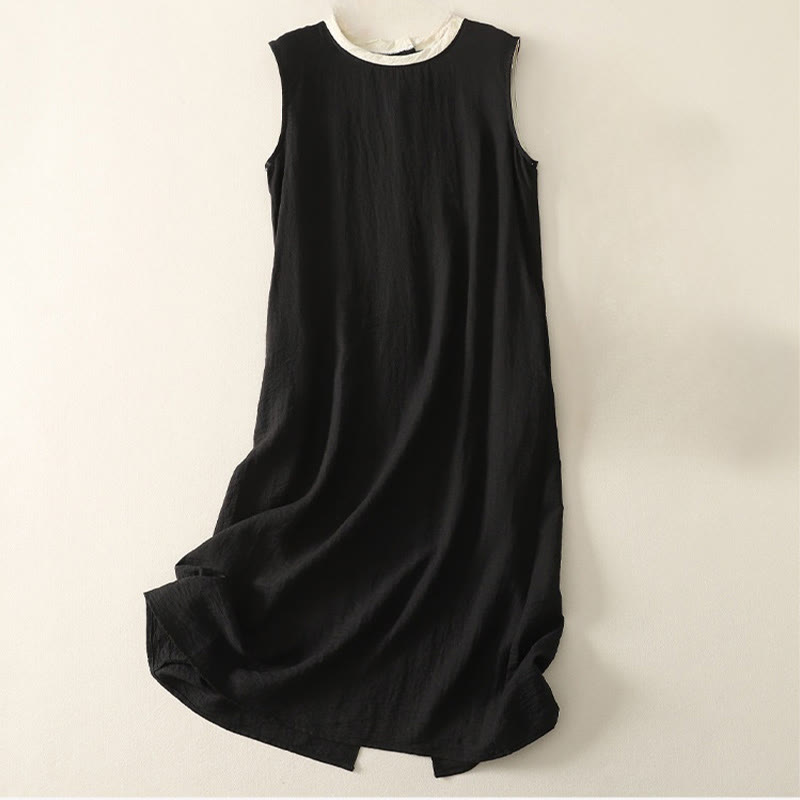 Casual Stitching Color Handmade Button Design Midi Dress Polyester Sleeveless Dress With Pockets