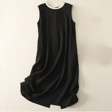 Casual Stitching Color Handmade Button Design Midi Dress Polyester Sleeveless Dress With Pockets