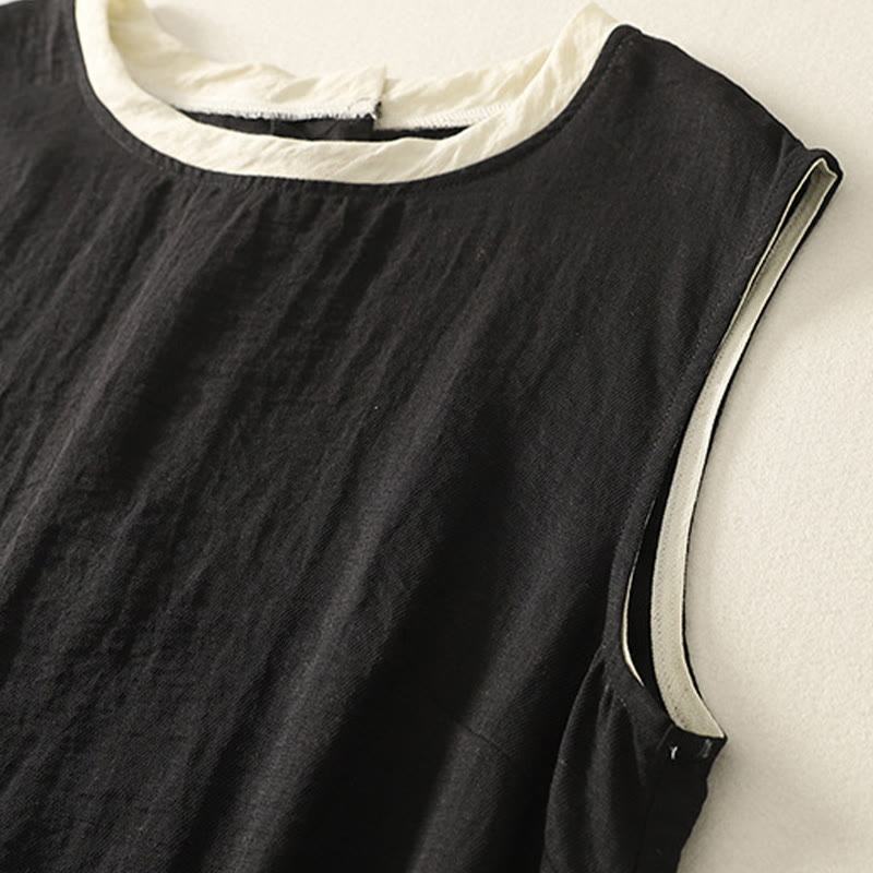 Casual Stitching Color Handmade Button Design Midi Dress Polyester Sleeveless Dress With Pockets
