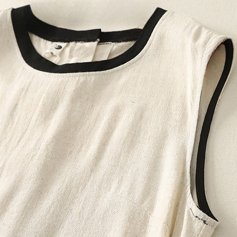 Casual Stitching Color Handmade Button Design Midi Dress Polyester Sleeveless Dress With Pockets