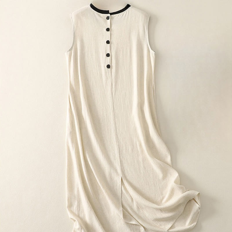 Casual Stitching Color Handmade Button Design Midi Dress Polyester Sleeveless Dress With Pockets