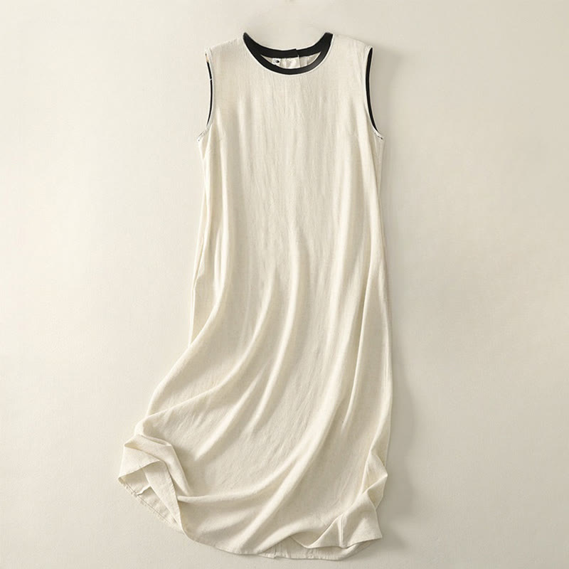 Casual Stitching Color Handmade Button Design Midi Dress Polyester Sleeveless Dress With Pockets