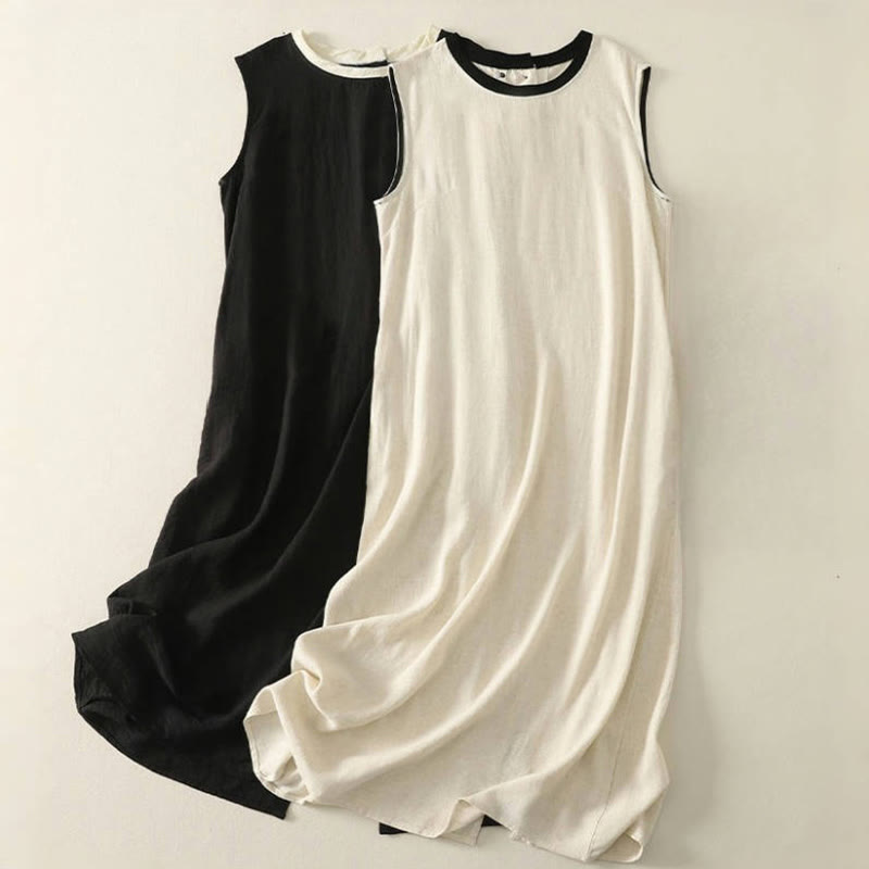 Casual Stitching Color Handmade Button Design Midi Dress Polyester Sleeveless Dress With Pockets