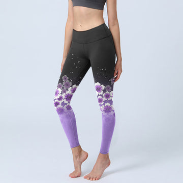 White Purple Cherry Blossom Pattern Print Gym Leggings Women's Yoga Pants