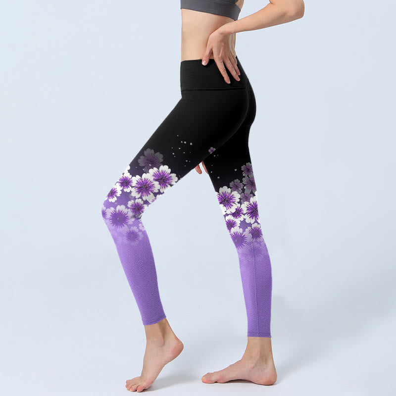 White Purple Cherry Blossom Pattern Print Gym Leggings Women's Yoga Pants