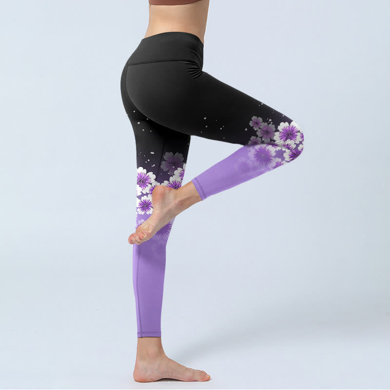 White Purple Cherry Blossom Pattern Print Gym Leggings Women's Yoga Pants