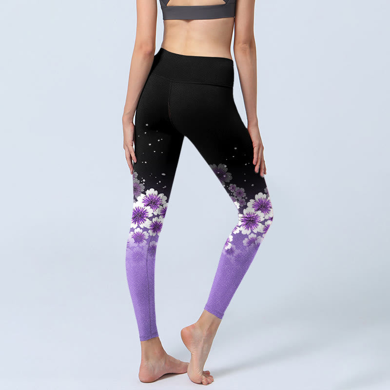 White Purple Cherry Blossom Pattern Print Gym Leggings Women's Yoga Pants