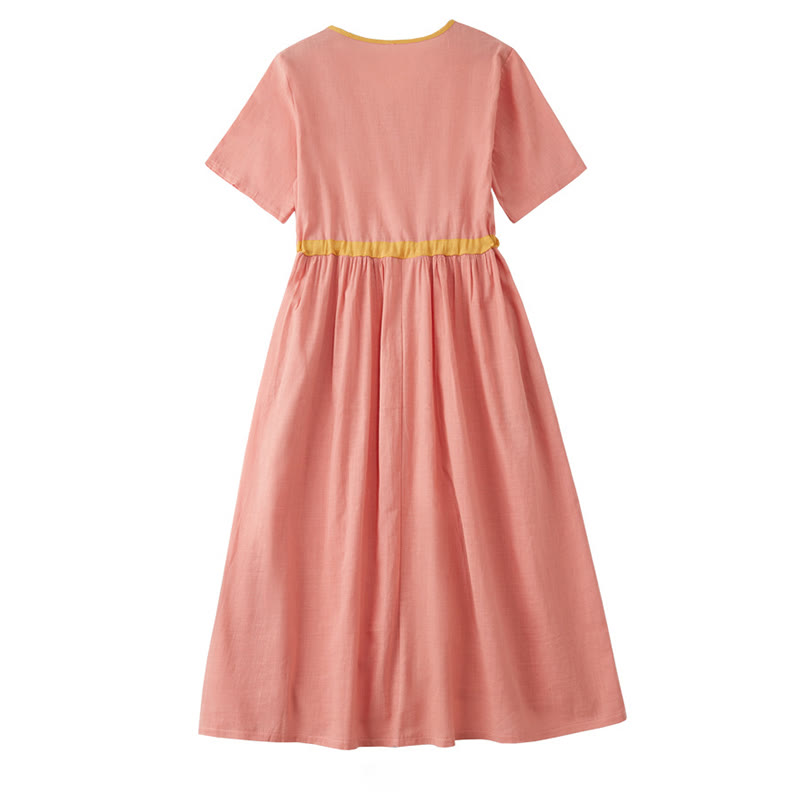 Summer Casual Stitching Color Lace-up Design V-Neck Short Sleeve Midi Dress