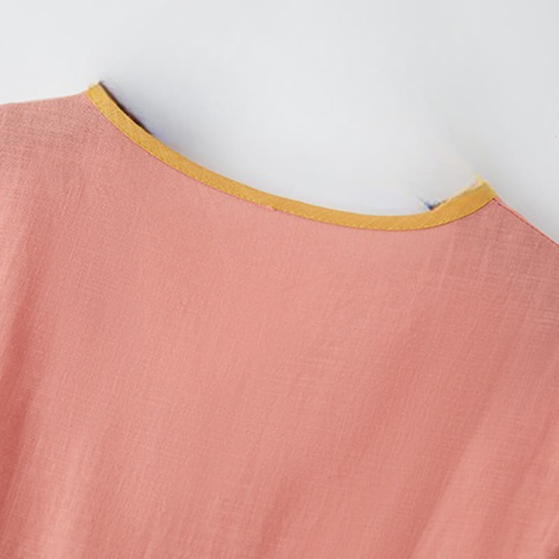 Summer Casual Stitching Color Lace-up Design V-Neck Short Sleeve Midi Dress