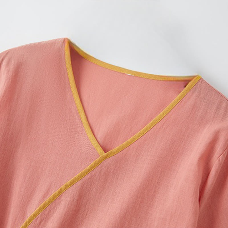Summer Casual Stitching Color Lace-up Design V-Neck Short Sleeve Midi Dress