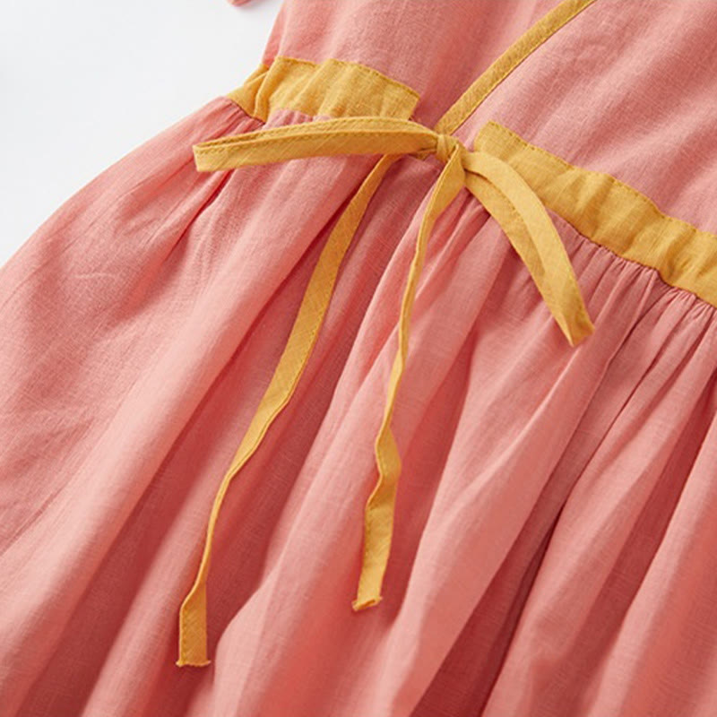 Summer Casual Stitching Color Lace-up Design V-Neck Short Sleeve Midi Dress