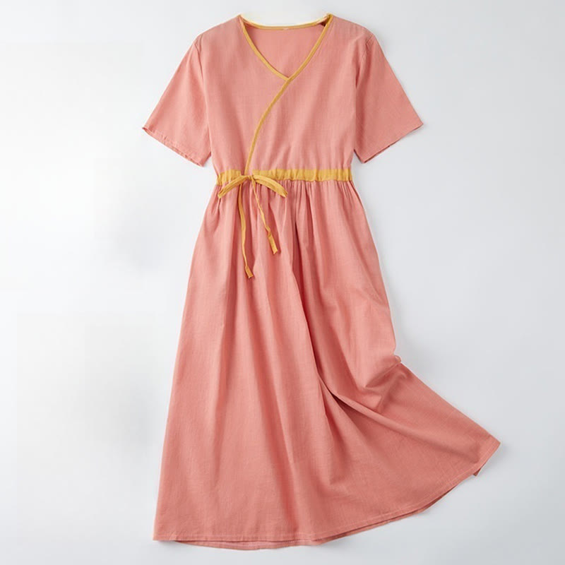 Summer Casual Stitching Color Lace-up Design V-Neck Short Sleeve Midi Dress