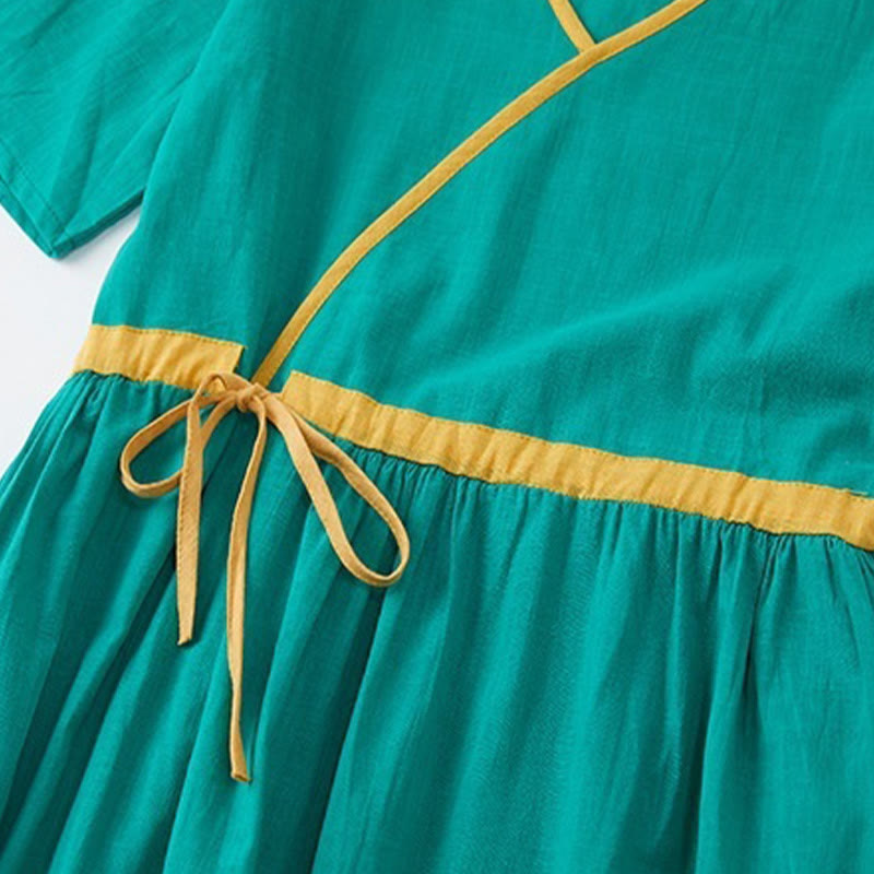 Summer Casual Stitching Color Lace-up Design V-Neck Short Sleeve Midi Dress