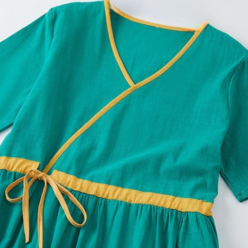Summer Casual Stitching Color Lace-up Design V-Neck Short Sleeve Midi Dress