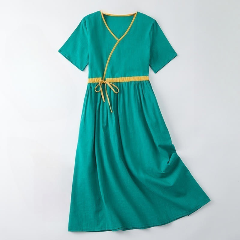 Summer Casual Stitching Color Lace-up Design V-Neck Short Sleeve Midi Dress